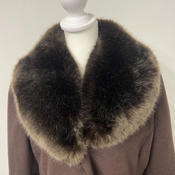 Vtg Women’s 6 Jones New York Brown Wool Blend Pea Coat Trench Faux Fur Collar - Picture 9 of 16